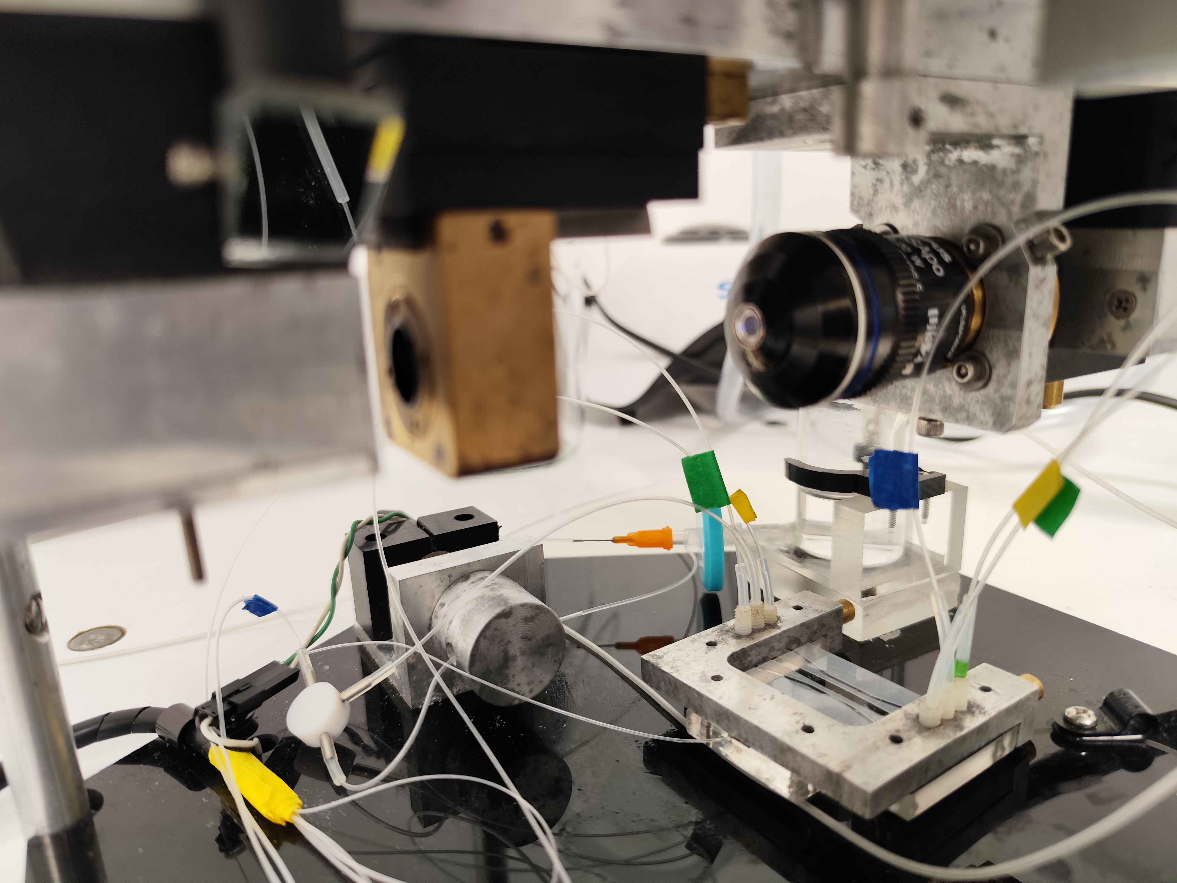 Componentes ópticos y conexiones de microfluídica del montaje de pinzas ópticas.